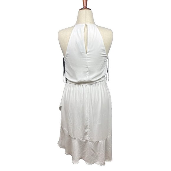 Express High Neck Asymmetrical Ruffle Wrap Fit And Flare Dress White Size Medium - Picture 8 of 8